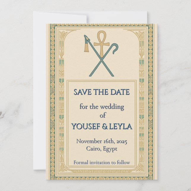 Kungliga egyptiska Ankh Lotus Guld Save the Date Inbjudningar (Framsida)