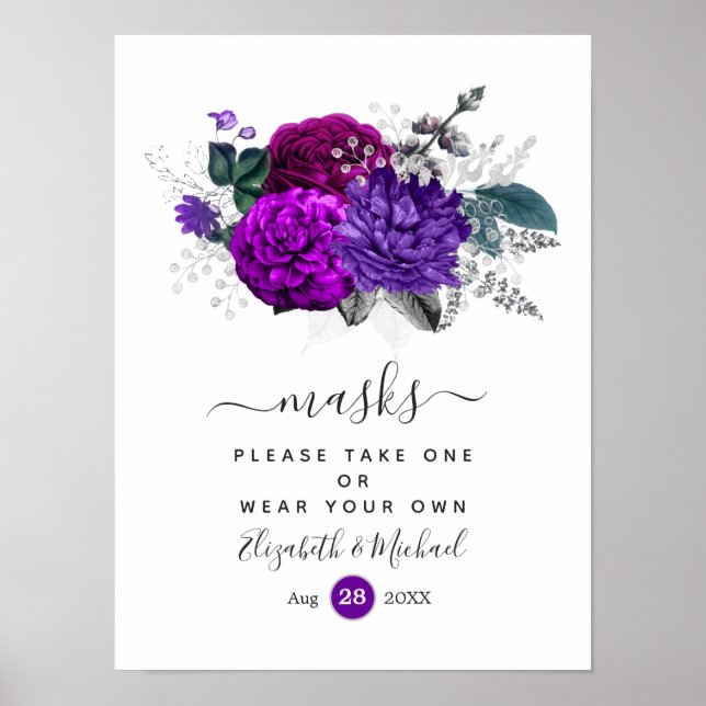 Kungliga lila och silver blomsterbröllops ansiktsm poster (Framsidan)