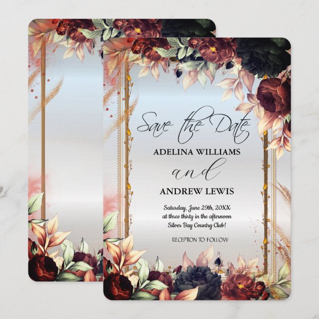 Kungliga Silverblommor Ros,Guld Ram  Inbjudningar (Fram/baksida)