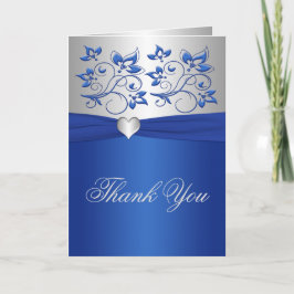 Kungsblå Blommig och Silver Hjärtat Tackkort