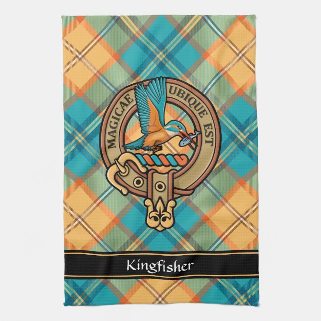 Kungsfiskare Crest över tartan kökshandduk (Vertikal)