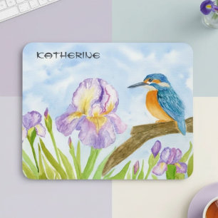 Kungsfiskare i vattenfärg med lila iris musmatta