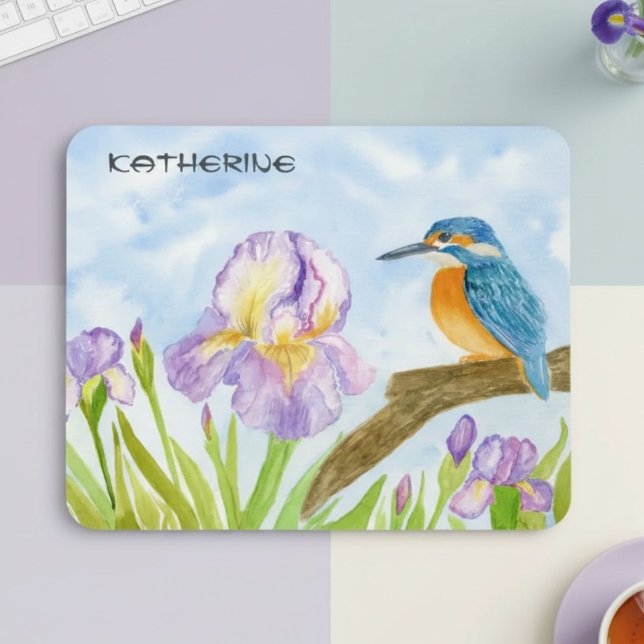 Kungsfiskare i vattenfärg med lila iris musmatta (Skapare uppladdad)