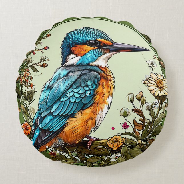 🦜 Kungsfiskarfågelpresent för heminredning Rund Kudde (Framsidan)