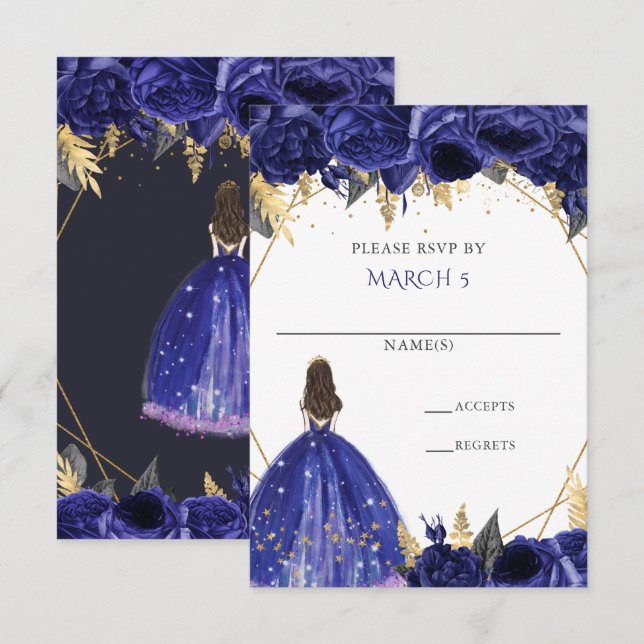 Kungslig Blå Guld Blommig Prinsessa Quinceanera OSA Kort (Fram/baksida)
