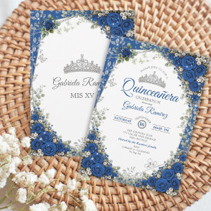 Kungslig blå och silver Quinceañera blå rosor Inbjudningar