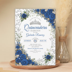 Kungslig blå och silver Quinceañera blå rosor Inbjudningar