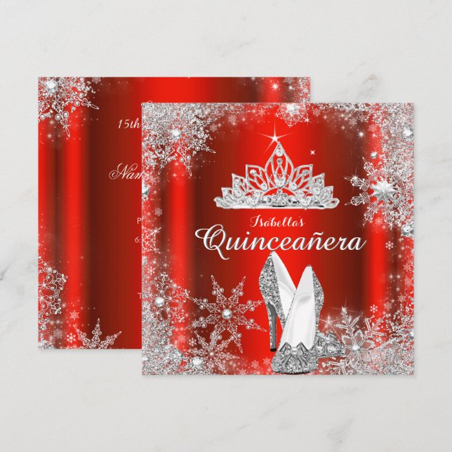 Kungslig röd Quinceañera-silvertiara 15-årsdag Inbjudningar (Fram/baksida)