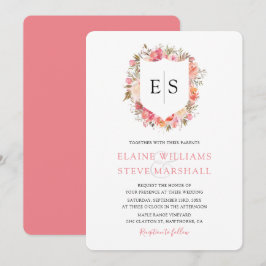 Kungslig Rosa Blommig Monogramvapen Bröllop Inbjudningar