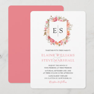 Kungslig Rosa Blommig Monogramvapen Bröllop Inbjudningar