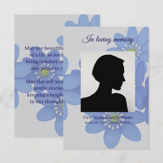 Kungsligt blå begravningsbönkort tilläggskort (Fram/baksida)