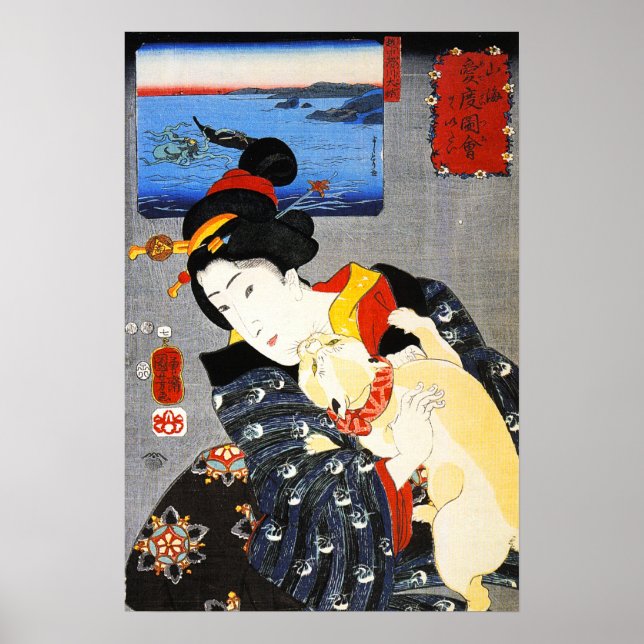 Kuniyoshi Woman med en kattPoster Poster (Framsidan)
