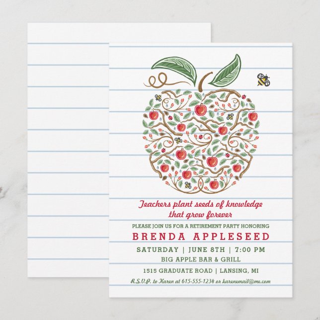 Kunskapslärarens äpple-Pension-kort Inbjudningar (Fram/baksida)