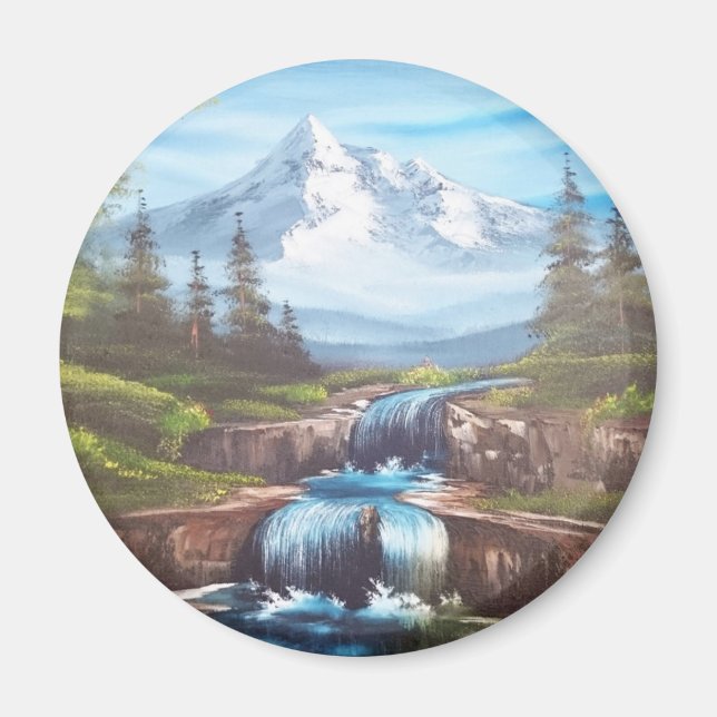 Kunstmalerei "Bergfrühlung" Bob Ross Magnet (Framsidan)