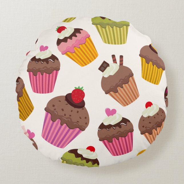 Kupaka Mönster, Muffin Mönster, Choklad, Hearts Rund Kudde (Framsidan)