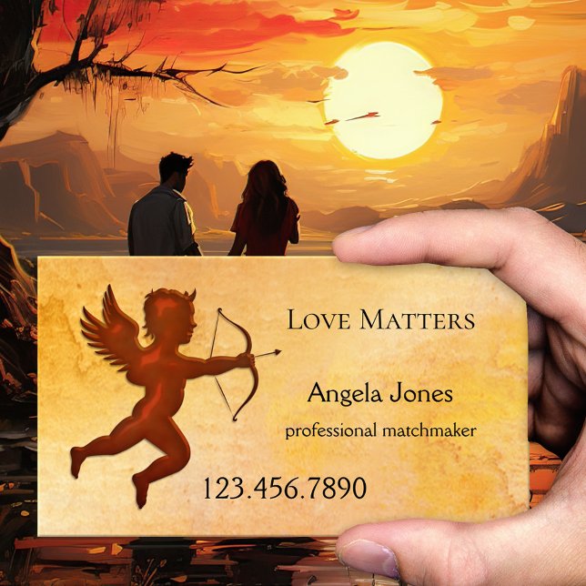 Kupid Matchmaker-mötes Visitenkort Tidsbeställning Kort (A romantic business card featuring Cupid with his arrow on watercolor - matchmaker - online dating)