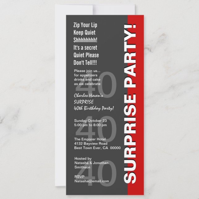 KURPRISE 40:e födelsedagen Party Modern Grått Red  Inbjudningar (Framsida)