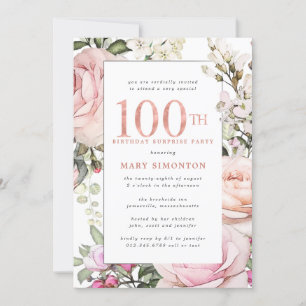KURPRISE PARTY 100:e födelsedag  Rosa Blommigt Inbjudningar