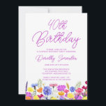 KURPRISE PARTY 40:E födelsedag Lila Wildblomma Inbjudningar<br><div class="desc">En söt vildblomma gräns dekorerar grund i vuxens 40-årsinbjudan till överraskningsfest. Blå-, gult- och orange blommor skapar en färgstark design och lycklig för att fira denna milstolpe-födelsedag. Modern och enkel kalligrafi i lila gör att trendiget får en ny beröring till behållan. Det öppna och omsorgsfria bokstavsflödet koordinerar perfekt med daisy...</div>