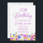 KURPRISE PARTY 40:E födelsedag Lila Wildblomma Inbjudningar<br><div class="desc">En söt vildblomma gräns dekorerar grund i vuxens 40-årsinbjudan till överraskningsfest. Blå-, gult- och orange blommor skapar en färgstark design och lycklig för att fira denna milstolpe-födelsedag. Modern och enkel kalligrafi i lila gör att trendiget får en ny beröring till behållan. Det öppna och omsorgsfria bokstavsflödet koordinerar perfekt med daisy...</div>