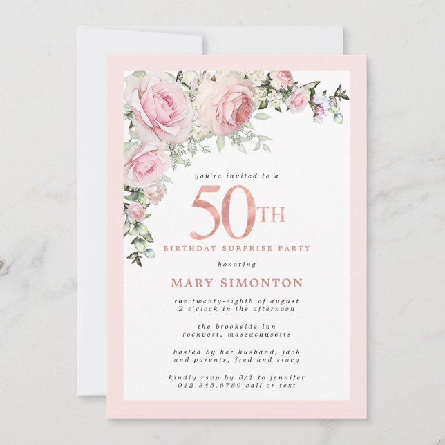 KURPRISE PARTY 50:e födelsedag Rosa ros Blommigt Inbjudningar (Framsida)