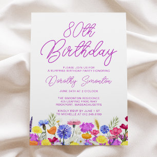 KURPRISE PARTY 80:E födelsedag Lila Wildblomma Inbjudningar