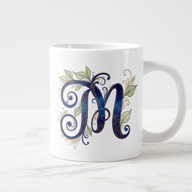 Kursiv M – Elegant Blått & Guld Monogram Jumbo Mugg (Höger)