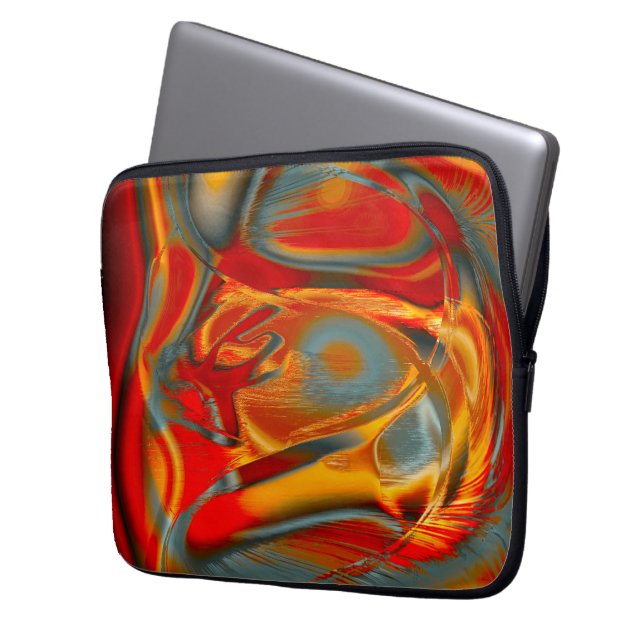 Kurvfläckar i repad orange till rött på grått laptop fodral (Framsidan Vänster)