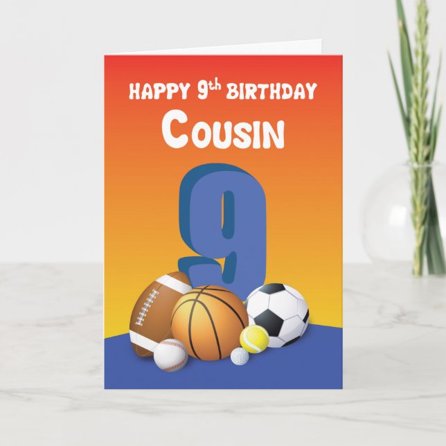 Kusin Boy 9th Birthday Sports Bollar Kort (Framsida)