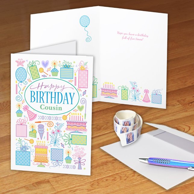 Kusin Bright Pastel Birthday-ikonkort Kort (Skapare uppladdad)