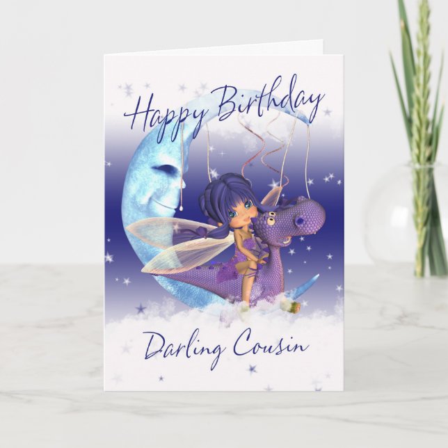 Kusin Cute Birthday Card, lila drake med fair Kort (Framsida)