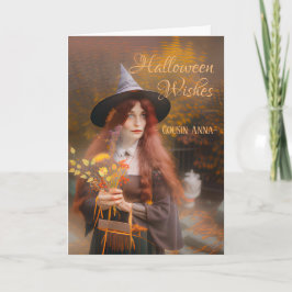 Kusin Halloween Önskemål Witch och Autumn Bouquet Kort