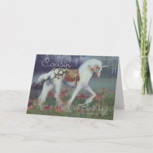 Kusinfödelsedagkort med unicornen, fantasi Birthda Kort