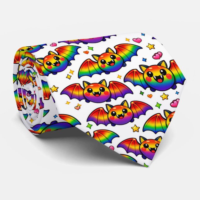 🦇🌈 Kusliga söta regnbågsfladdermöss Slips (Rullad)