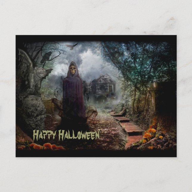 Kusligt makabra spökat hus och dess spökeägare - vykort (Framsida)