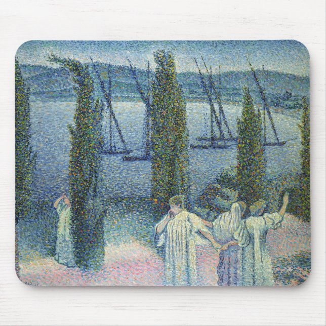 Kust- beskåda med Cypress träd, 1896 Musmatta (Framsidan)