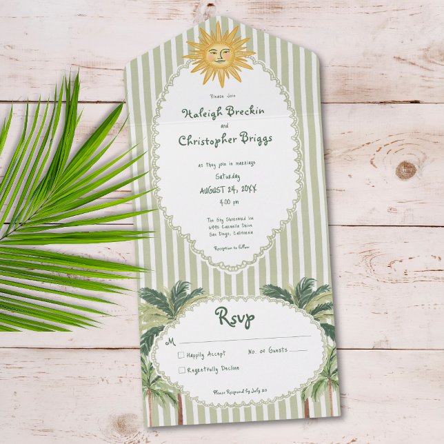 Kust Chic Sol Palmträd Bröllop (Coastal Chic Sun Palm Tree Wedding Dinner All In One Invitation)