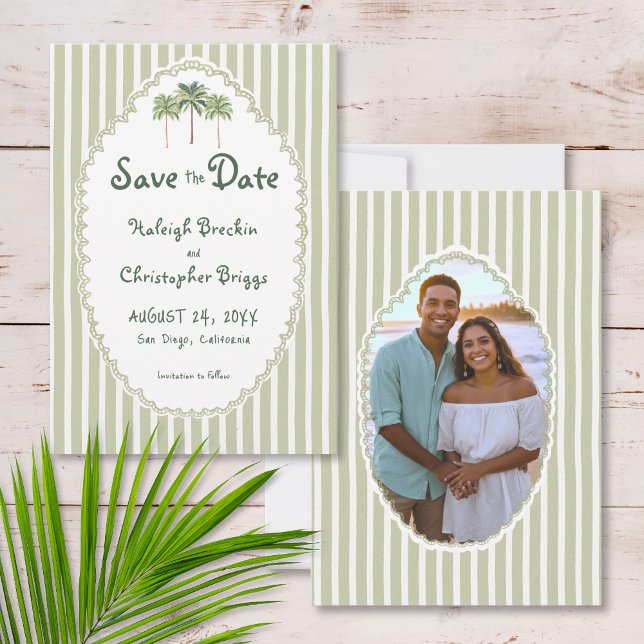 Kust Chic Sol Palmträd Bröllopsfoto Spara Datumet (Coastal Chic Sun Palm Tree Wedding Photo Save The Date)
