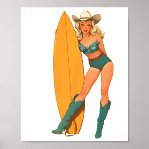 Kust Cowgirl Western Country Surfing Surfar Flicka Poster