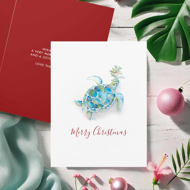 Kust Jul Havssköldpadda Akvarell Helgkort (Beach Christmas cards watercolor sea turtle art by Victoria Grigaliunas Do Tell A Belle)