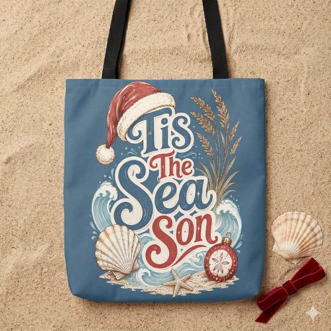 Kust jul typografi för havssäsongen tygkasse (Coastal Christmas Tis Sea Son Typography Tote Bag)