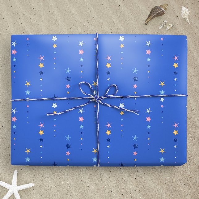 Kust Koboltblå Sjöstjärna Ränder Presentpapper (Cobalt Blue Starfish Stripes wrapping paper gift mockup)