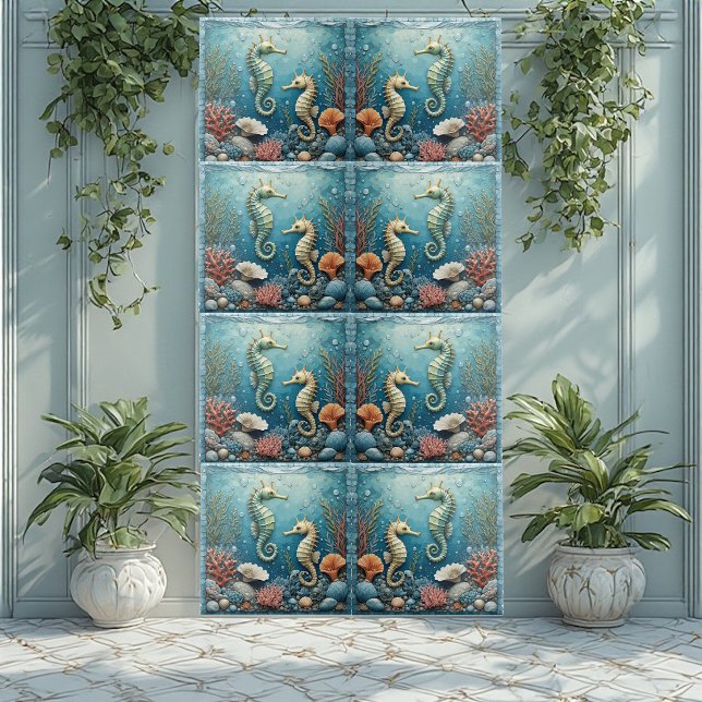 Kust Sjöhästpar Ocean Koraller Tropisk Aqua Kakelplatta (Coastal Seahorse Couple Ocean Corals Tropical Aqua Ceramic Tile)