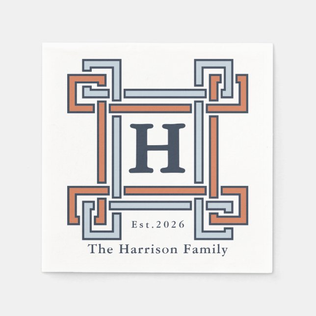 Kust Terrakotta Himmelblå Monogram Familjenamn Pappersservett (Framsidan)