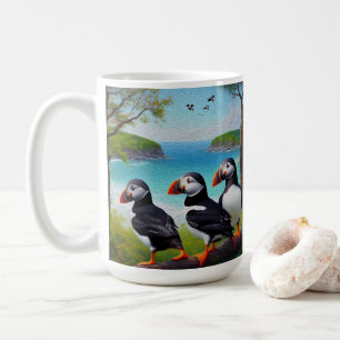 Kust Trio: Tre Lunnefåglar på Stranden i Olja Kaffemugg