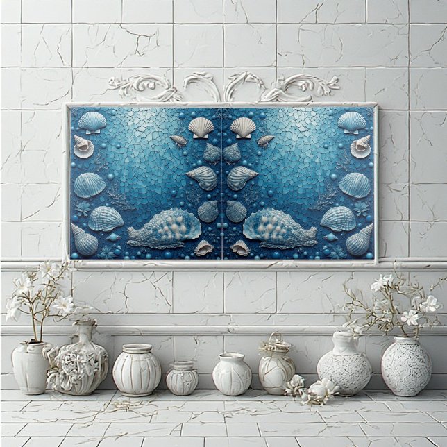 Kust Undervattenssnäckor Fisk Hav Bubbla Blå Kakelplatta (Coastal Underwater Seashell Fish Ocean Bubble Blue Ceramic Tile)