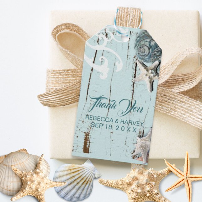 kustakvamarinblå snigelskal strandbröllop presentetikett (coastal aqua blue seashell beach wedding gift tags)