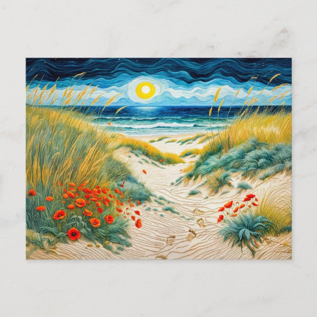 Kustand Dunes med poppies och fotavtryck Helg Vykort (Framsida)