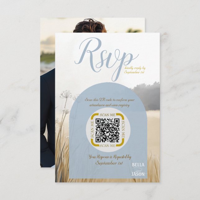 Kustäng RSVP  QR-kod | Elegant blå valvsektion OSA Kort (Fram/baksida)