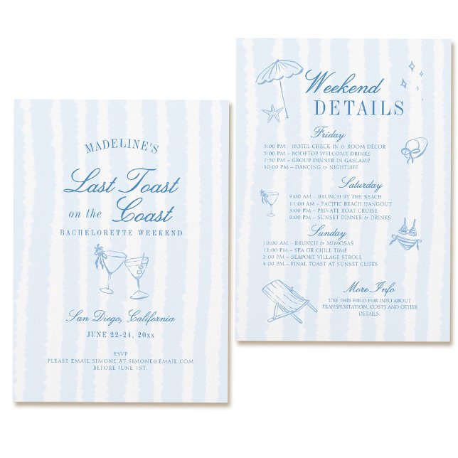 KustBachelorette Hand plockade Rand Inbjudningar (coastal bachelorette party invitation last toast on the coast hand drawn stripes blue itinerary)